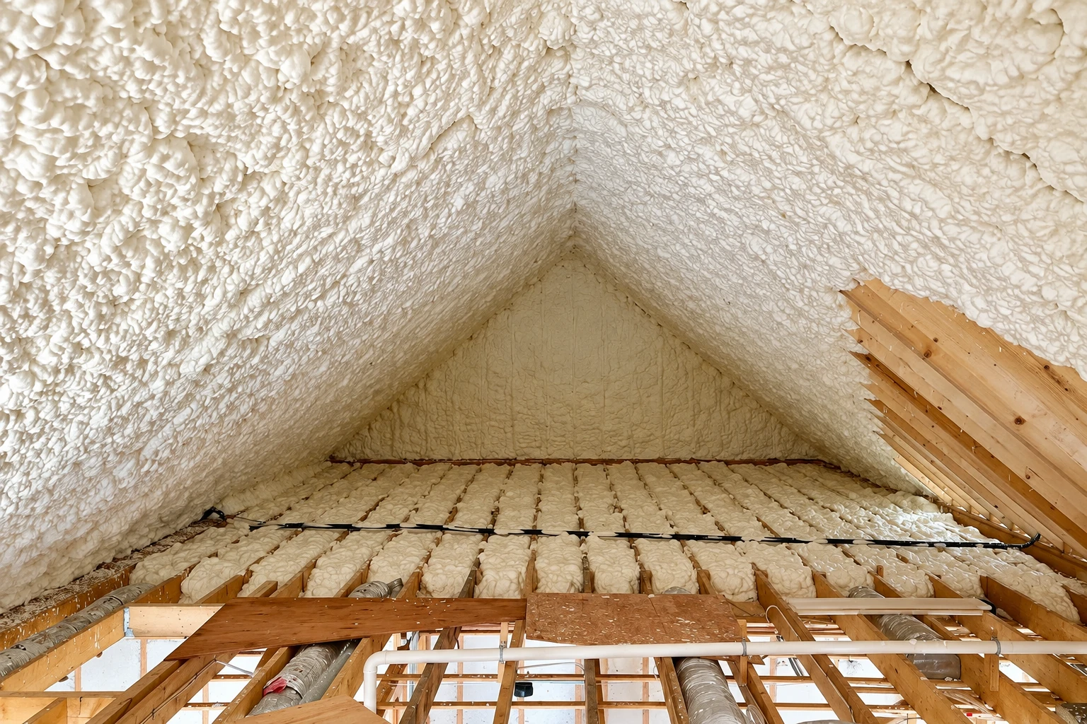 Attic roof and floor framing coated in white spray foam, with exposed wooden joists and pipes below.