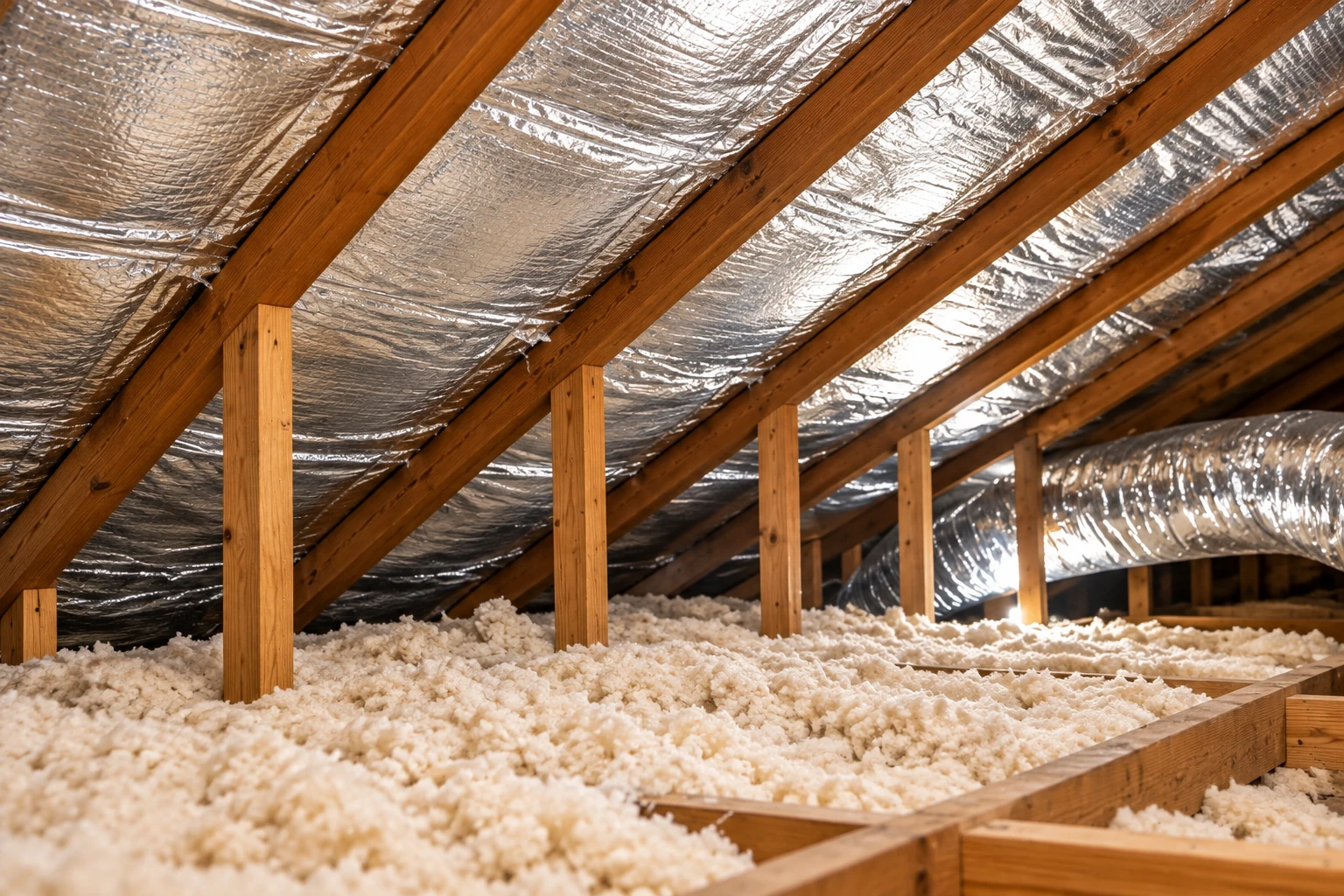 An attic has loose-fill insulation across the floor beneath exposed wooden rafters lined with reflective material.