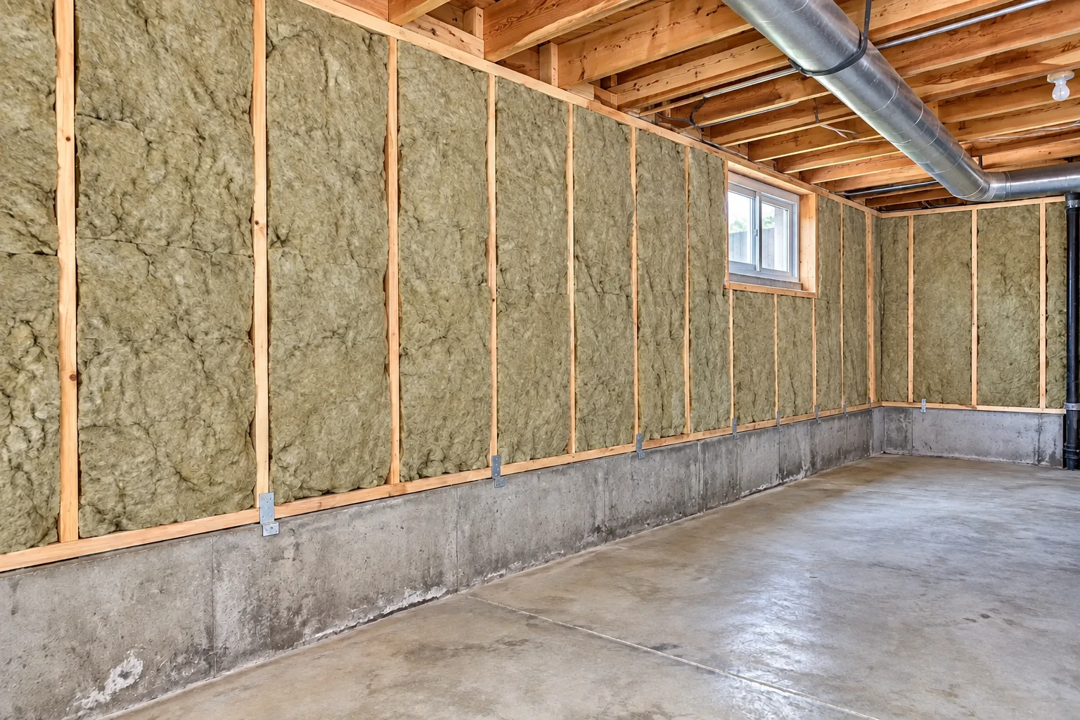 Basement with mineral wool insulation fitted between wall studs above the exposed concrete foundation.
