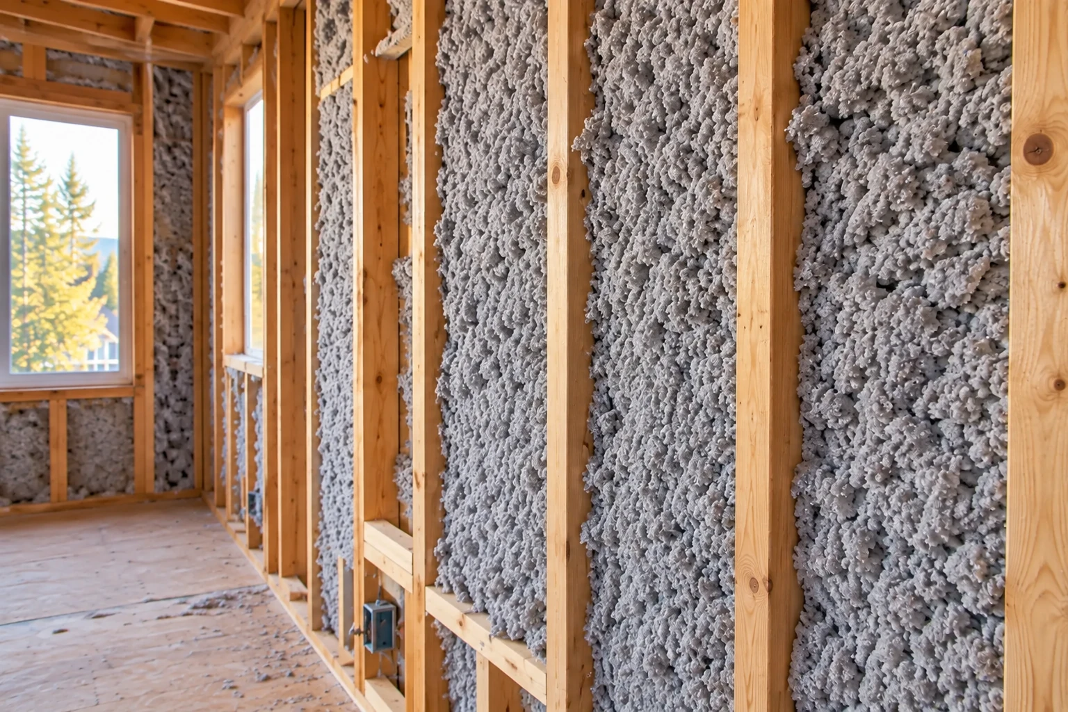 Gray blown-in insulation fills the wall cavities between exposed wooden studs in an unfinished room.