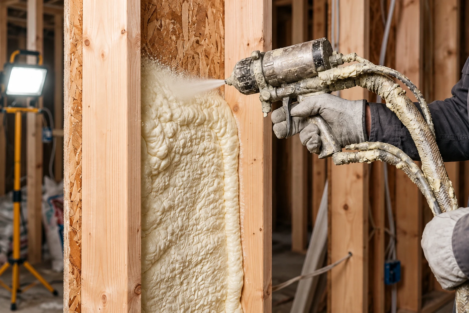 Worker sprays closed-cell foam insulation into a wooden wall cavity using a hose-fed spray gun.