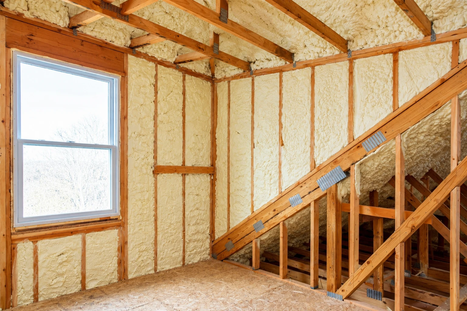 Unfinished room with exposed wooden framing and cream-colored spray foam insulation covering walls and roof.