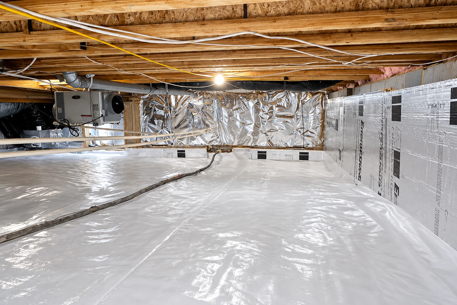 Crawl space with a white floor vapor barrier, insulated walls, exposed joists, ductwork, and a ventilation unit.