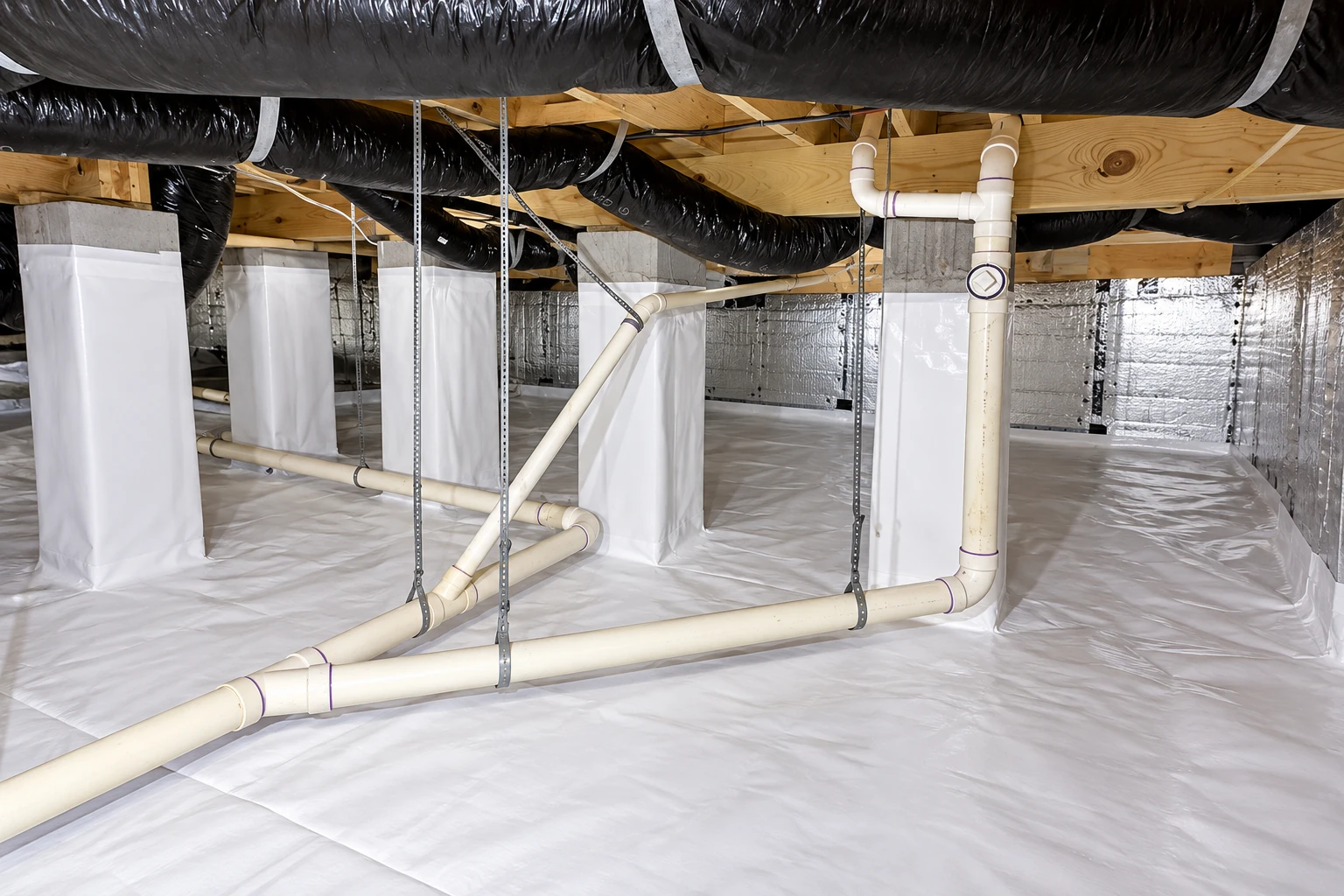 Crawl space with a white plastic floor liner, insulated support piers, overhead black ducts, and exposed plumbing pipes.