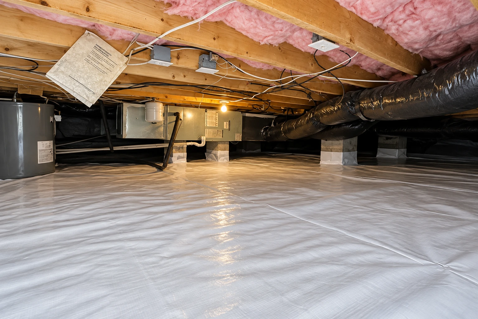 A crawl space has a white vapor barrier covering the floor beneath exposed joists, pink insulation, ducts, and utility equipment.