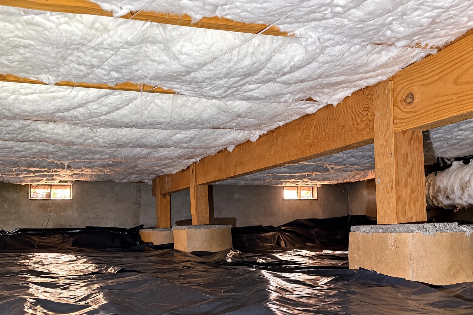 Crawl space with white insulation beneath the floor joists and black plastic vapor barrier spread across the ground.