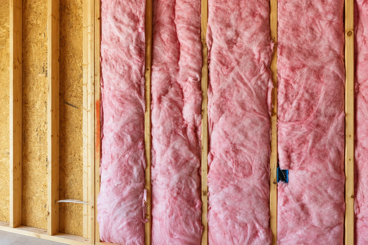 Pink fiberglass batts fill the wall cavities between wooden studs in an unfinished home.