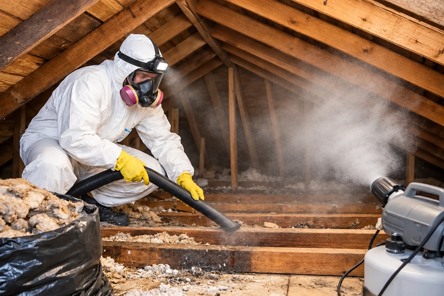 A worker in protective gear removes attic insulation with a vacuum hose as dust rises around the equipment.