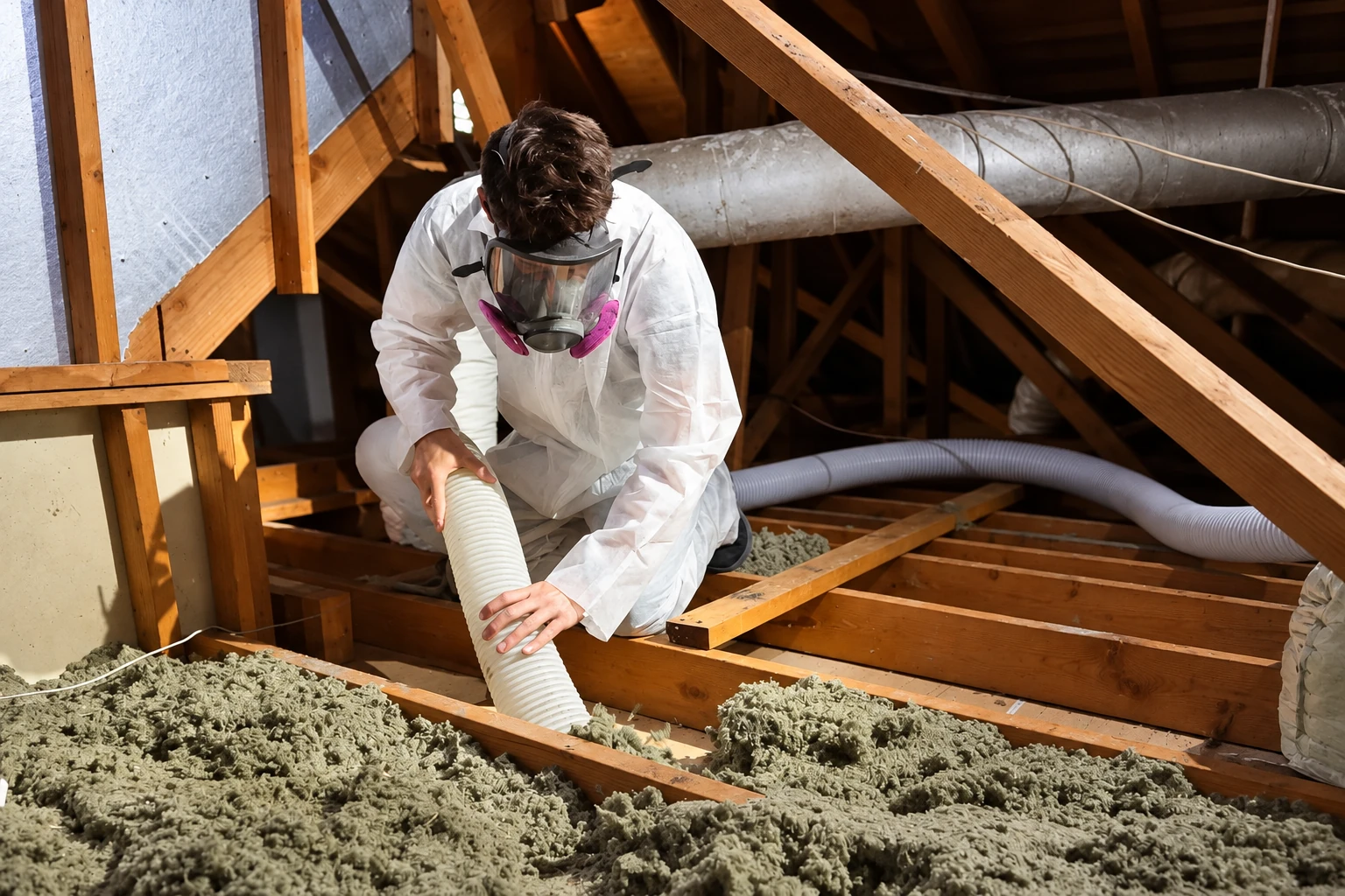 Worker in protective suit and respirator directs a hose over loose-fill insulation in an attic.