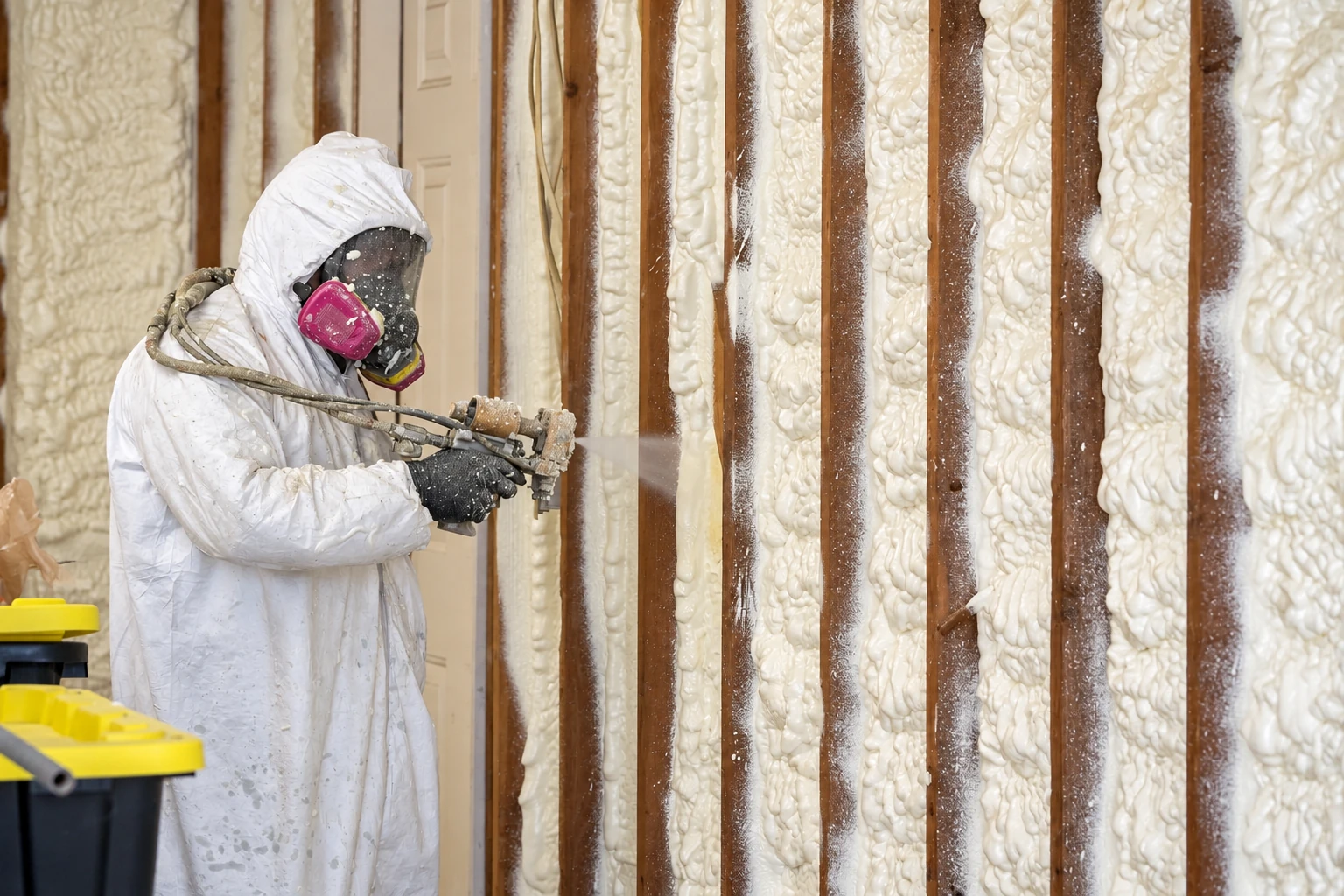 A worker in protective coveralls and a respirator sprays white foam insulation between exposed wooden wall studs.