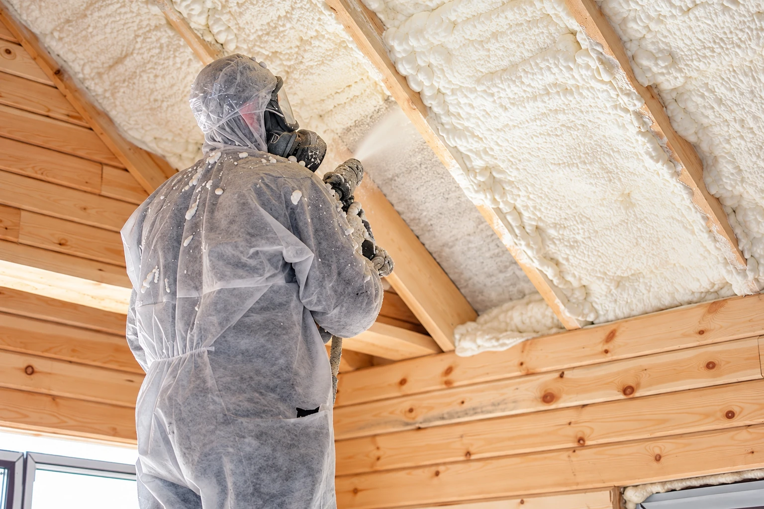 Worker in protective gear sprays white foam insulation between wooden rafters in an unfinished building.