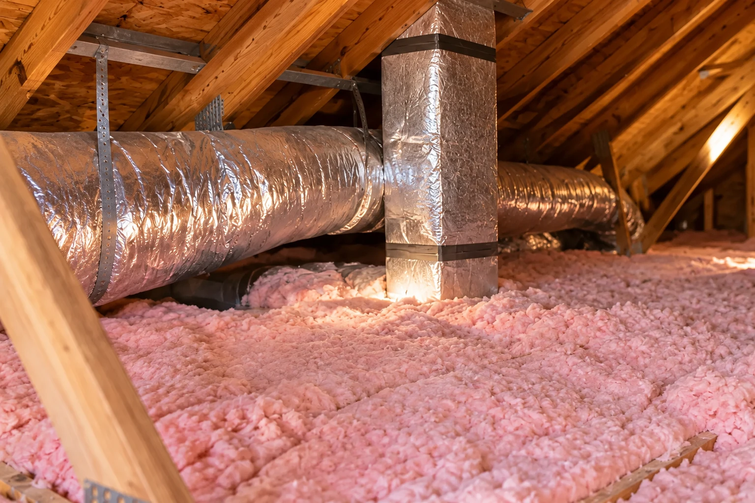 Pink attic insulation covers the floor beneath exposed wooden rafters and large foil-wrapped HVAC ducts.