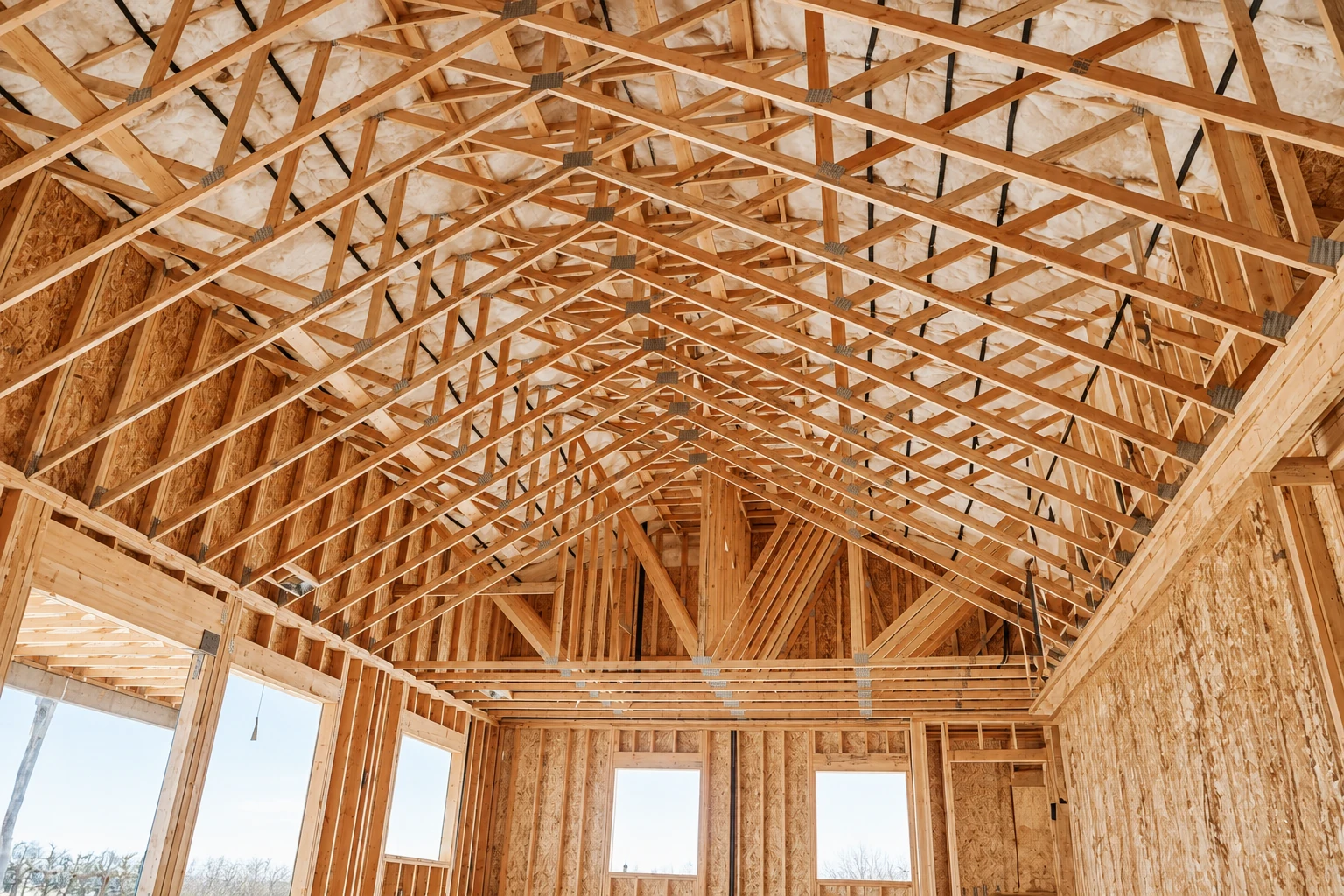 Unfinished building interior with exposed wooden roof trusses and white insulation between the rafters.