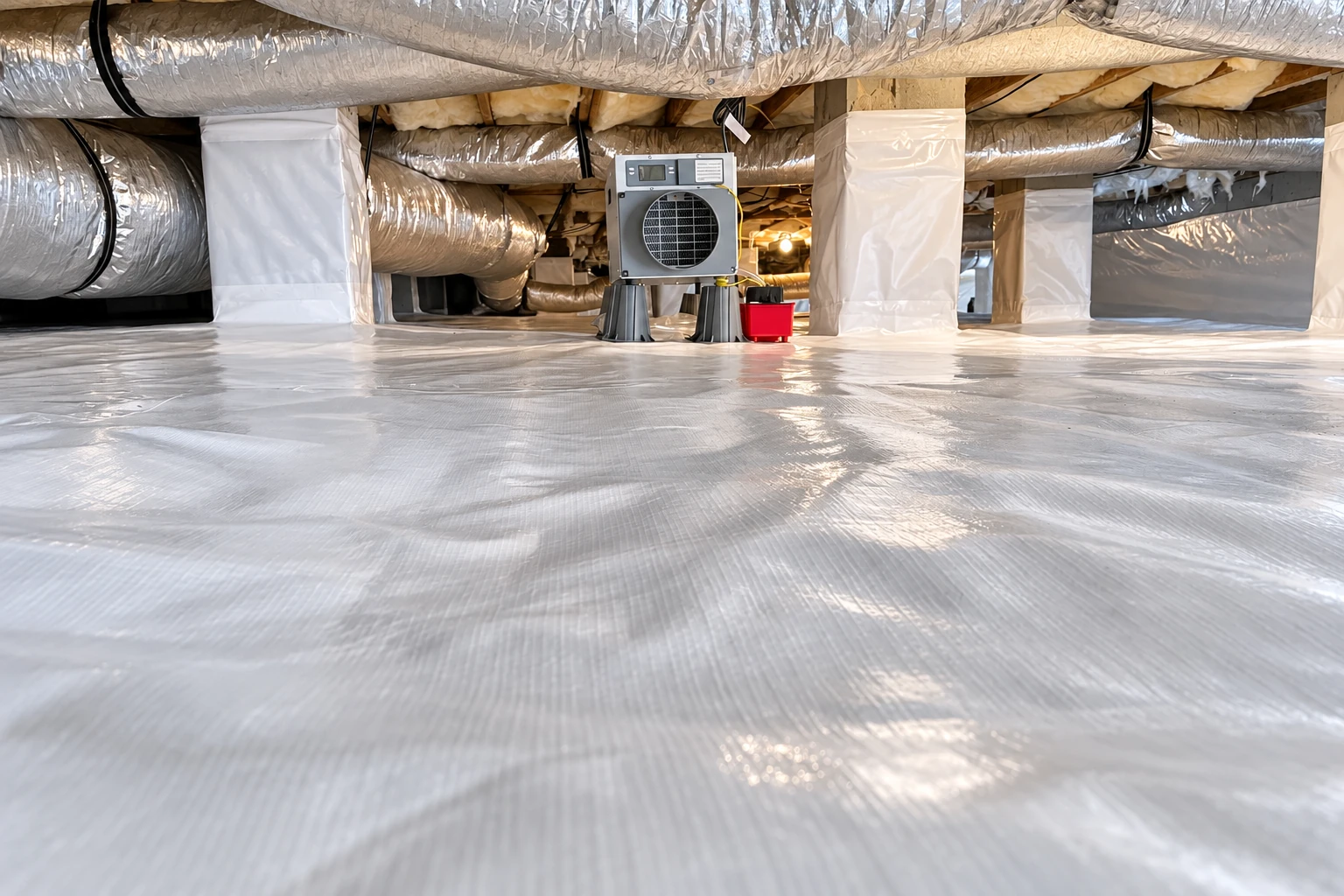 A white vapor barrier covers a crawl-space floor beneath wrapped support columns, with silver ducts and a dehumidifier in the background.