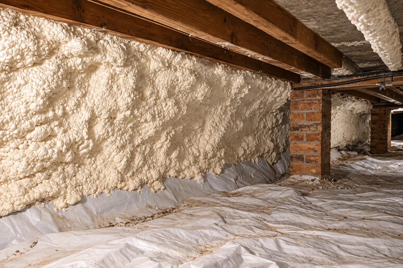 Crawl space with thick white spray foam on the walls, brick supports, and plastic sheeting covering the floor.